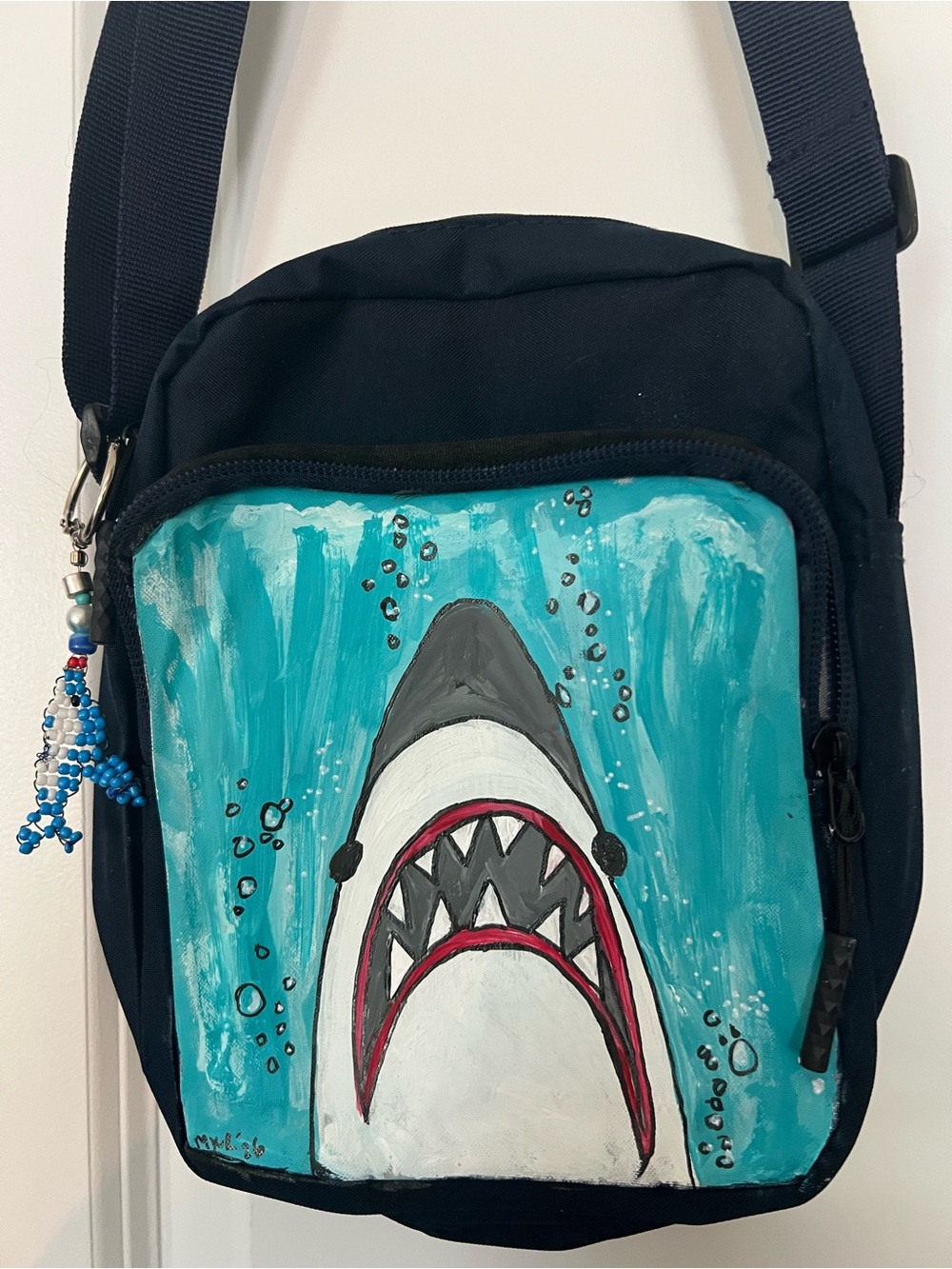 Hand-Painted Shark Crossbody Bag in Teal and Black